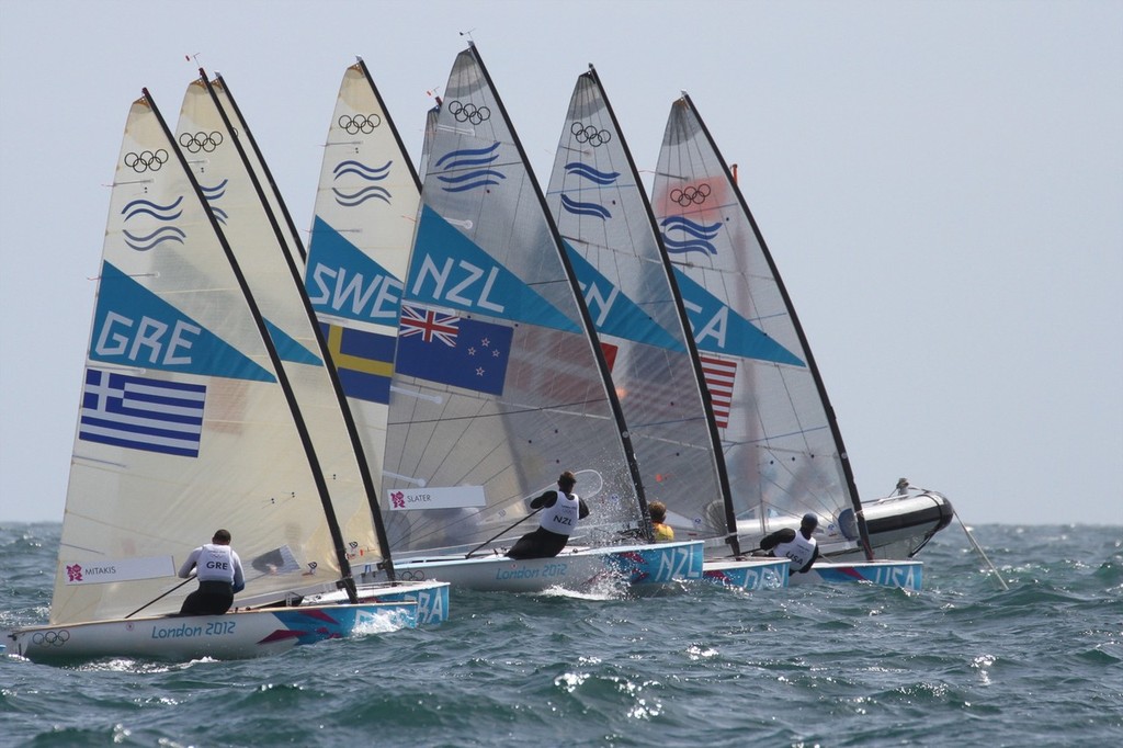  August 3, 2012 - Weymouth, England - Start of Finn race - Day 6 - Dan Slater )NZL) at pin end of the line. photo copyright Richard Gladwell www.photosport.co.nz taken at  and featuring the  class