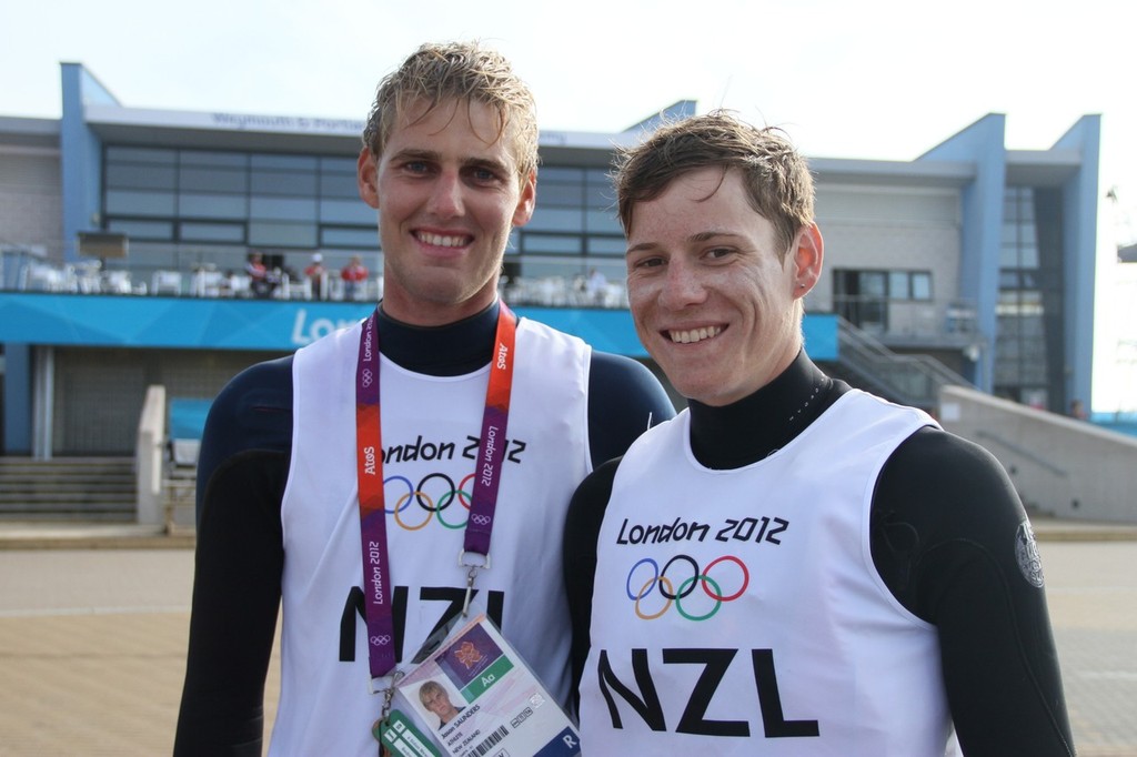  August 4, 2012 - Weymouth, England - Jason Saunders and Paul Snow-Hansen, NZ Mens 470, in the boat park at Weymouth © Richard Gladwell www.photosport.co.nz