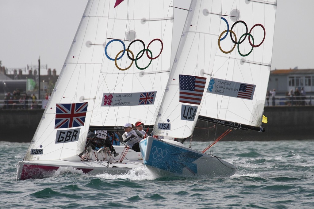  August 4, 2012 - Weymouth, England - GBR vs USA in the final day of the Qualification Round for Womens Match Racing photo copyright Richard Gladwell www.photosport.co.nz taken at  and featuring the  class