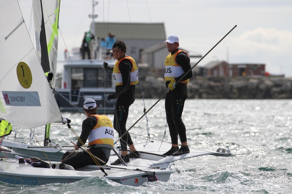 Double Gold - Australia&rsquo;s Nathan Outteridge and Ian Jensen (right) chat with Gold Medalist, Tom Slingsby, before their races in the 49er at the 2012 Olympics &copy; Richard Gladwell www.photosport.co.nz