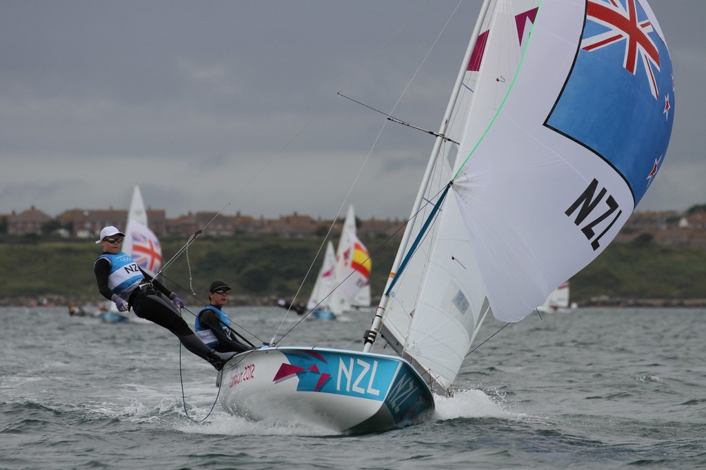  August 7, 2012 - Weymouth, England - Jo Aleh and Olivia Powrie (NZL) won both races sailed today in the Womens 470 by large margins photo copyright Richard Gladwell www.photosport.co.nz taken at  and featuring the  class