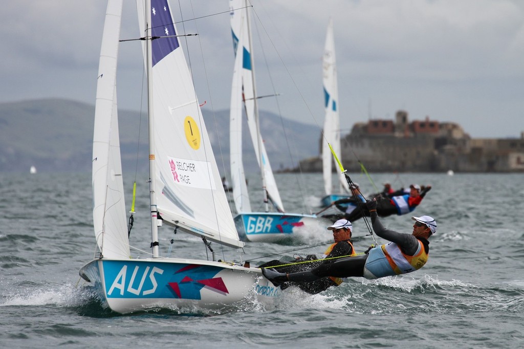 Mathew Belcher and Malcolm Page (AUS) lead Luke Patience and Stuart Bithell (GBR) in Race 10 of the Mens 470 © Richard Gladwell www.photosport.co.nz
