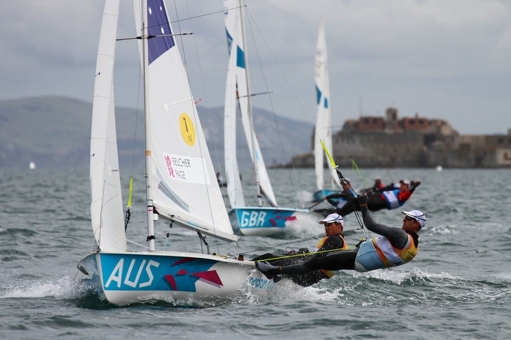  Weymouth, England - Mathew Belcher and Malcolm Page (AUS) lead Luke Patience and Stuart Bithell (GBR) in Race 10 of the Mens 470 © Richard Gladwell www.photosport.co.nz