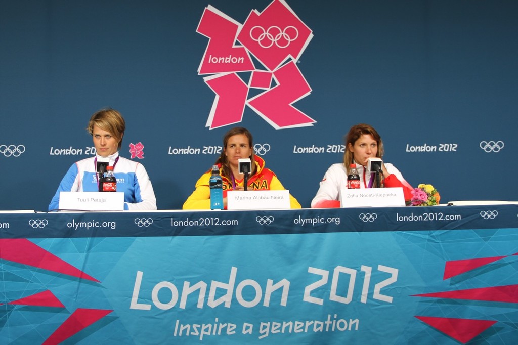 2012 Olympic Regatta - Womens Windsurfer Media Conference - from left Tuuli Petaja (FIN), Marina Alabau (ESP) and Zofia Klepacka (POL) &copy; Richard Gladwell www.photosport.co.nz