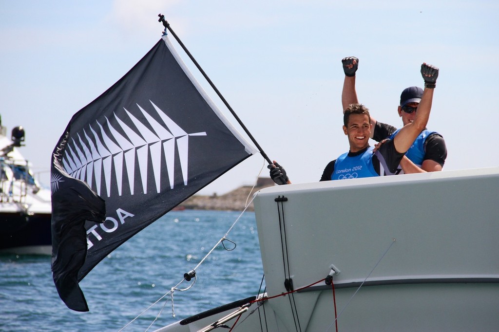  August 8, 2012 - Weymouth, England -Burling and Tuke celebrate  after winning their Silver Medal in the 49er class © Richard Gladwell www.photosport.co.nz