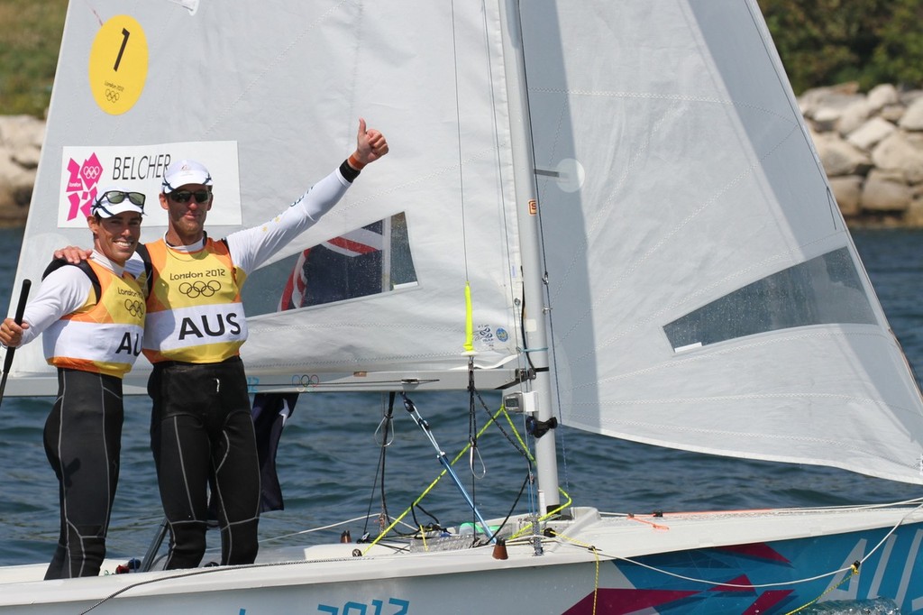 Weymouth, England - Mathew Belcher and Malcom Page celebrating their Gold Medal win in the Mens 470 &copy; Richard Gladwell www.photosport.co.nz