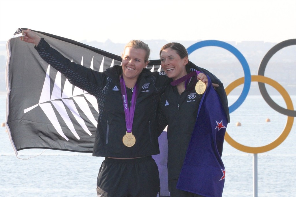  August 10, 2012 - Weymouth, England - Olivia Powrie and Jo Aleh after being presented with the Gold Medal in the Womens 470 photo copyright Richard Gladwell www.photosport.co.nz taken at  and featuring the  class