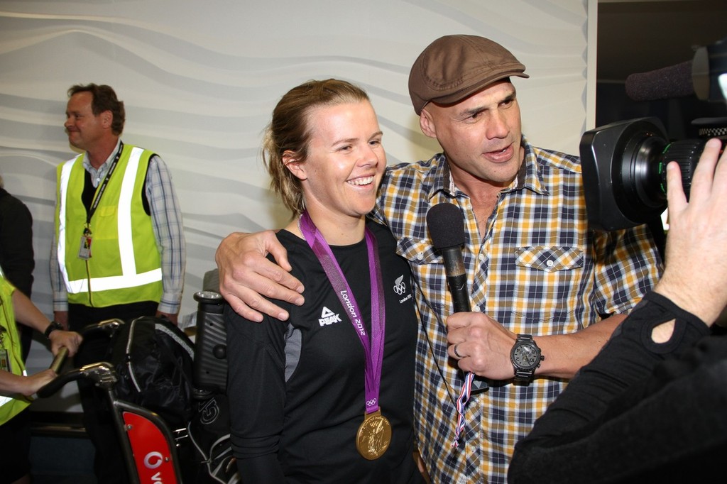 470 Womens Gold Medalist, Olivia Powrie being interviewed on her return to Auckland © Richard Gladwell www.photosport.co.nz