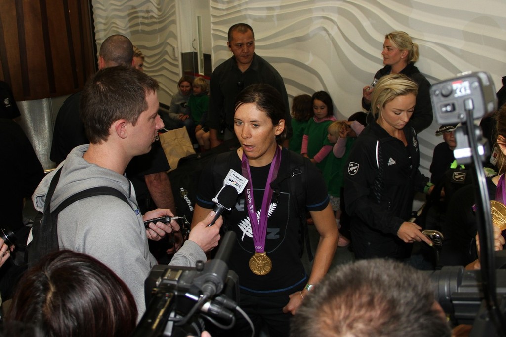 470 Womens Gold Medalist, Jo Aleh being interviewed on her return to Auckland © Richard Gladwell www.photosport.co.nz
