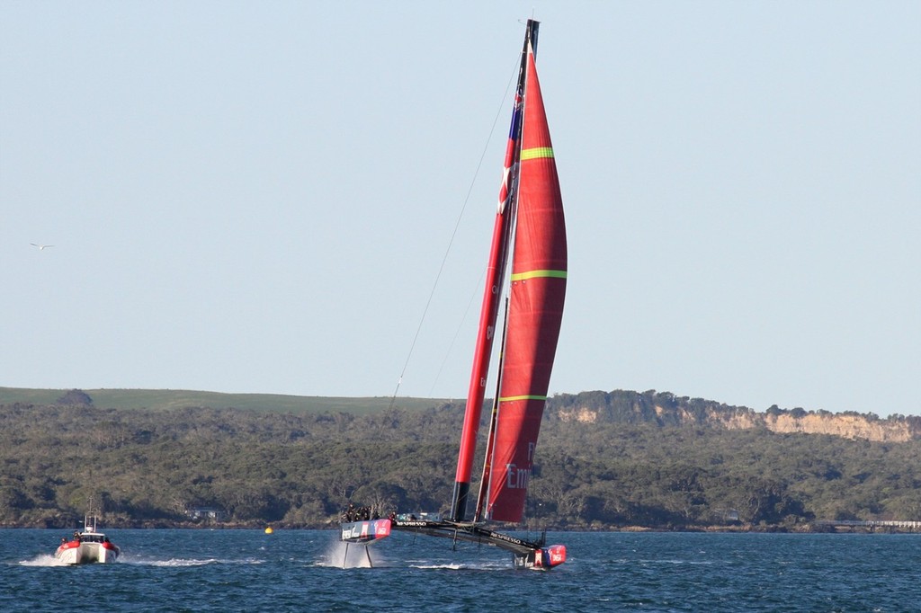  September 14, 2012 - Emirates Team NZ's AC72 returns to Auckland after her seventh day of sailing. She is sailing on hydrofoils - and is the latgest yacht to do so. The 34th America's Cup will be contested in foiling catamarans capable of speeds in excess of 40kts photo copyright Richard Gladwell www.photosport.co.nz taken at  and featuring the  class