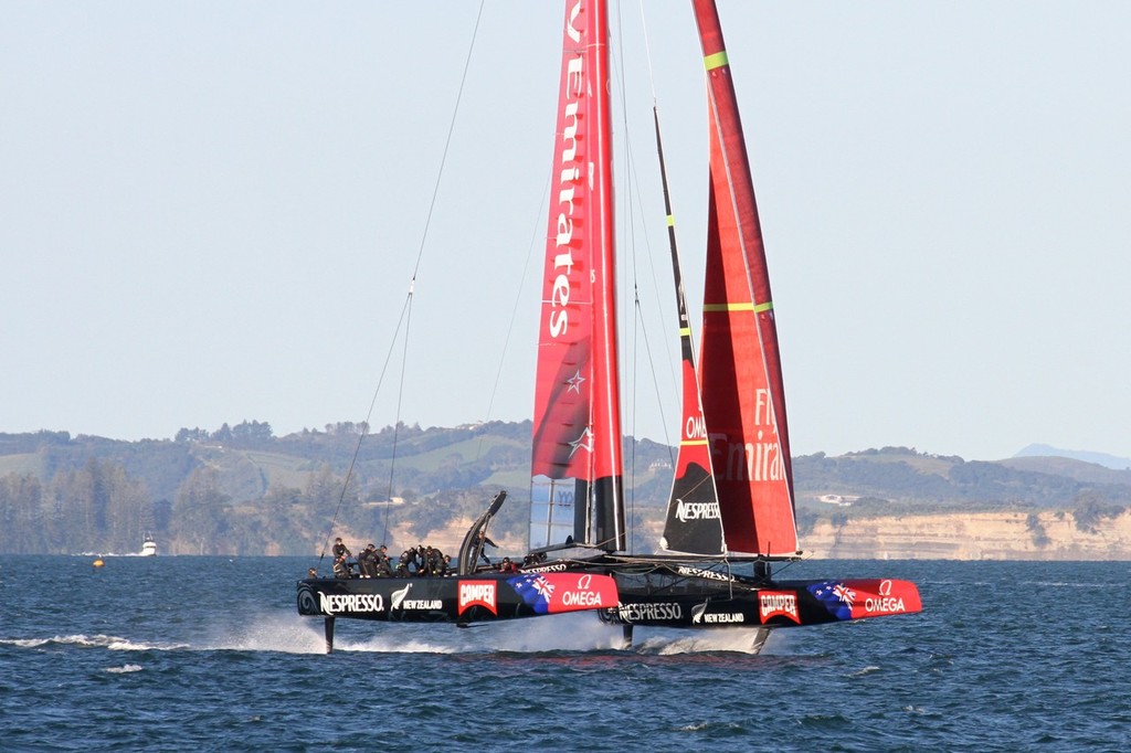  September 14, 2012 - Emirates Team NZ's AC72 returns to Auckland after her seventh day of sailing. She is sailing on hydrofoils - and is the latgest yacht to do so. The 34th America's Cup will be contested in foiling catamarans capable of speeds in excess of 40kts photo copyright Richard Gladwell www.photosport.co.nz taken at  and featuring the  class