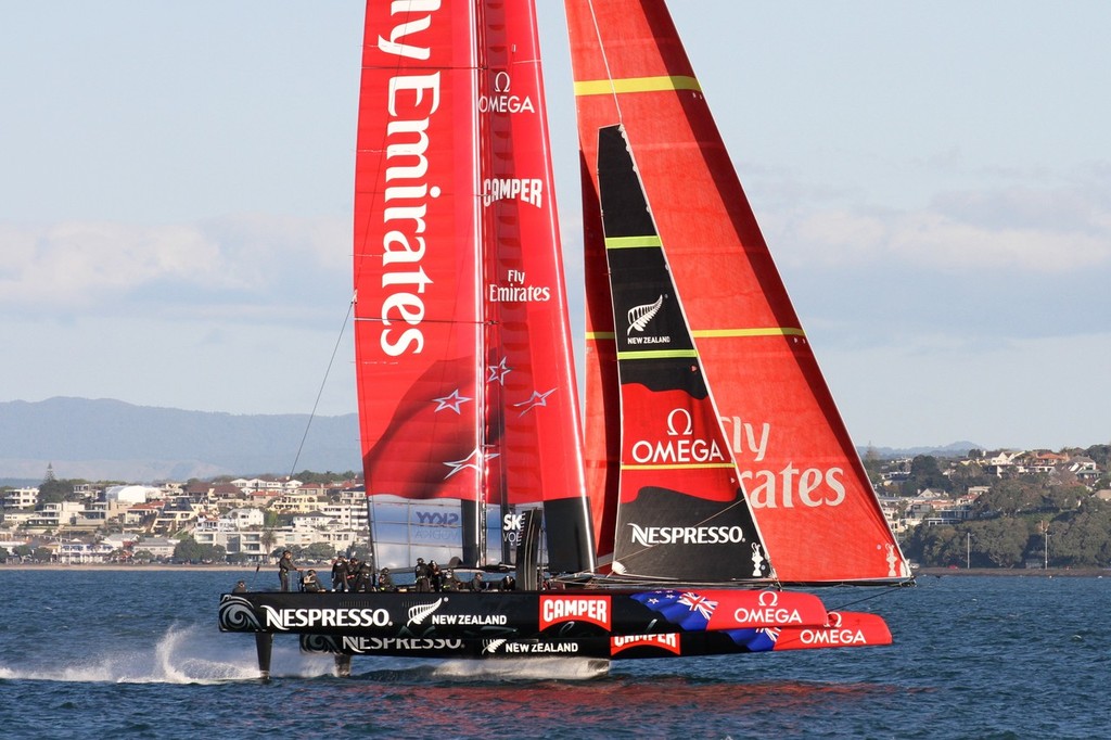 Emirates Team NZ’s AC72 returns to Auckland after her seventh day of sailing.  © Richard Gladwell www.photosport.co.nz