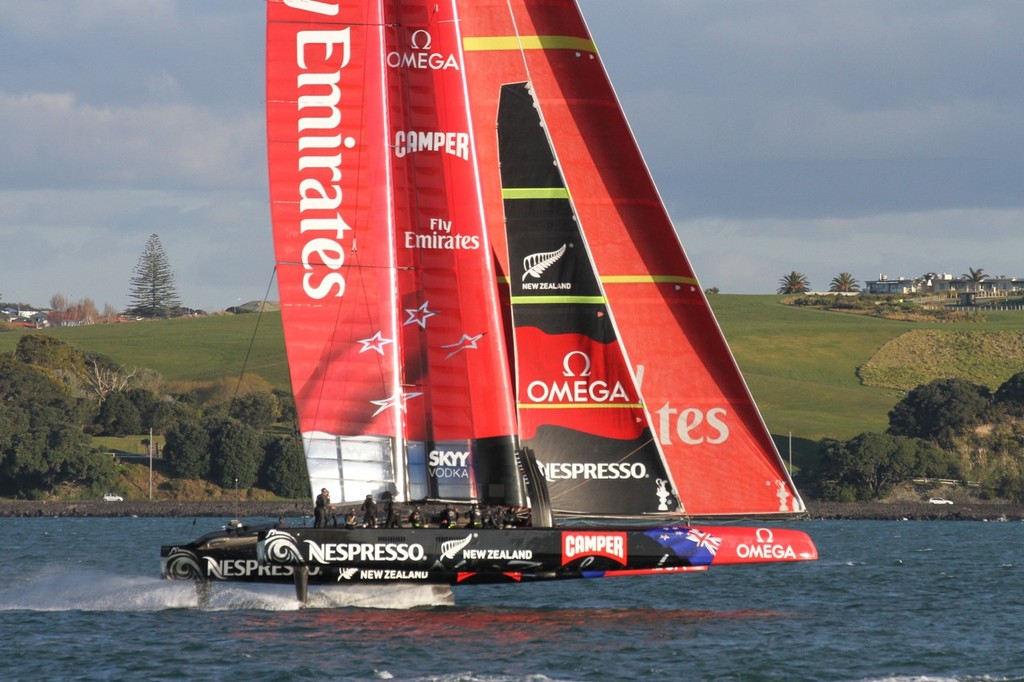  September 14, 2012 - Emirates Team NZ's AC72 returns to Auckland after her seventh day of sailing. She is sailing on hydrofoils - and is the latgest yacht to do so. The 34th America's Cup will be contested in foiling catamarans capable of speeds in excess of 40kts photo copyright Richard Gladwell www.photosport.co.nz taken at  and featuring the  class