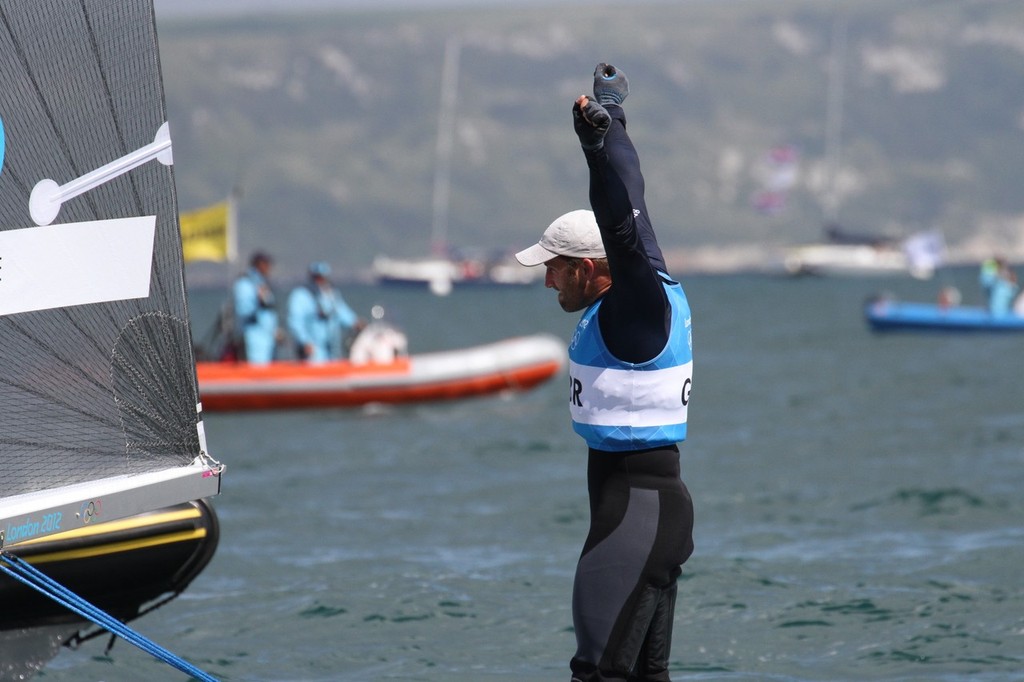  August 5, 2012 - Weymouth, England - Ainslie celebrates moments after winning the Gold Medal in the Finn  class © Richard Gladwell www.photosport.co.nz