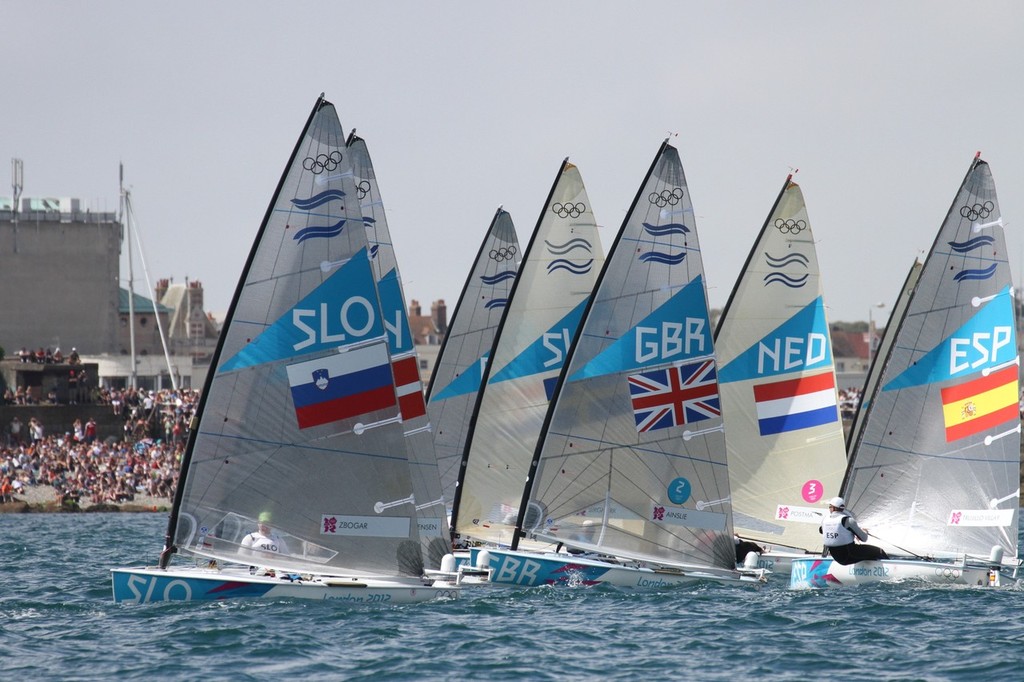  August 5, 2012 - Weymouth, England - Start of the Finn medal race in front of a large spectator crowd, who crammed every vantage point. photo copyright Richard Gladwell www.photosport.co.nz taken at  and featuring the  class