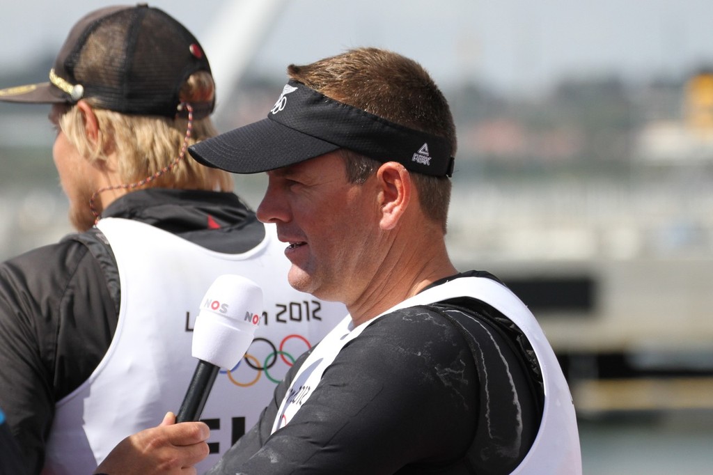  August 5, 2012 - Weymouth, England - Dan Slater (NZL) interviewed in the Mixed Zone photo copyright Richard Gladwell www.photosport.co.nz taken at  and featuring the  class