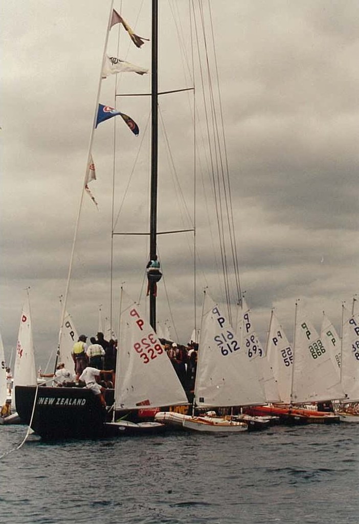 Selling the Dream - P-class gathered around Team NZ&rsquo;s America&rsquo;s Cup boats in 2000 photo copyright Powrie Images taken at  and featuring the  class