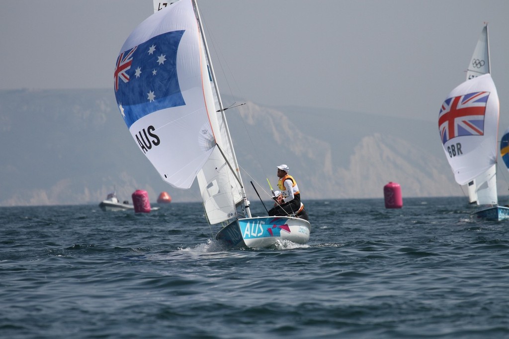  August 10, 2012 - Weymouth, England - Mathew Belcher and Malcom Page celebrating their Gold Medal win in the Mens 470 - the Silver Medalist (GBR) are yet to finish © Richard Gladwell www.photosport.co.nz