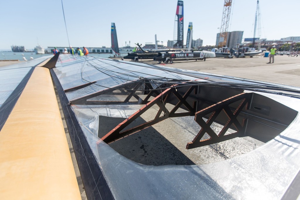 Team Korea wing sustains damage after capsize photo copyright ACEA - Photo Gilles Martin-Raget http://photo.americascup.com/ taken at  and featuring the  class