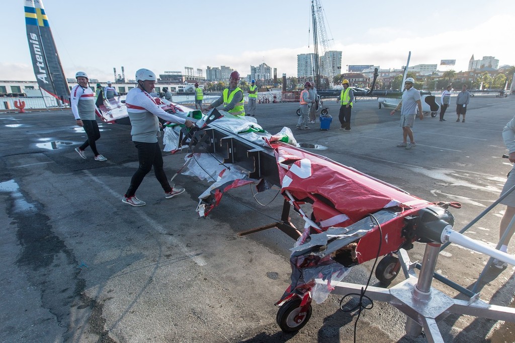 Luna Rossa Swordfish wing damagesz after capsize © ACEA - Photo Gilles Martin-Raget http://photo.americascup.com/