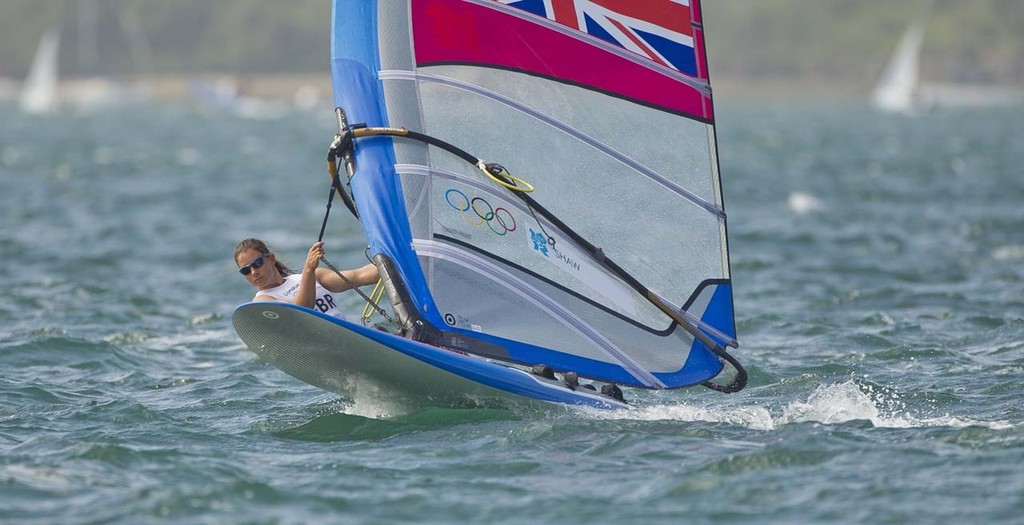 Bryony Shaw (GBR) competing in the Women’s Windsurfer (RSX) event in The London 2012 Olympic Sailing Competition. © onEdition http://www.onEdition.com