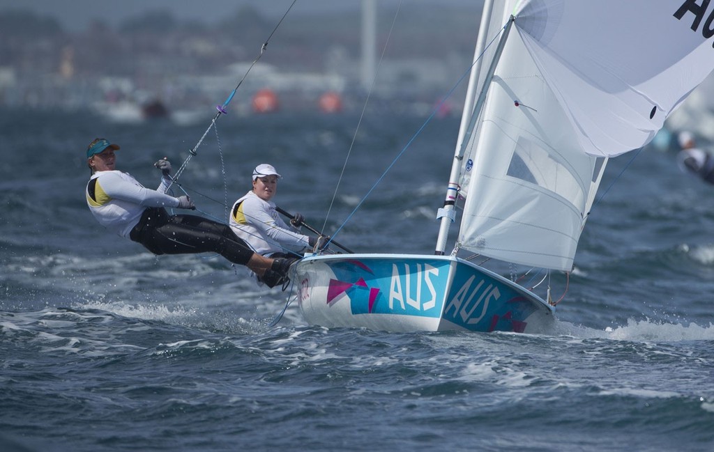 20120803 Copyright onEdition 2012©
Free for editorial use image, please credit: onEdition

Elise Rechichi and Belinda Stowell (AUS) competing today, 03.08.12, in the Women's Two Person Dinghy (470) event in The London 2012 Olympic Sailing Competition.

The London 2012 Olympic Sailing Competition runs from 29 July to 12 August and brings together 380 of the world's best sailors to race on Weymouth Bay.
Sailing made its Olympic debut in 1900 and has appeared at every Olympic Games since 1908.
In 2 photo copyright onEdition http://www.onEdition.com taken at  and featuring the  class