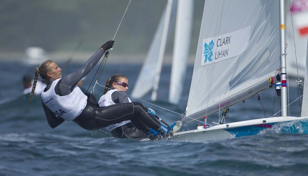 20120803 Copyright onEdition 2012©
Free for editorial use image, please credit: onEdition

Amanda Clark and Sarah Lihan (USA) competing today, 03.08.12, in the Women's Two Person Dinghy (470) event in The London 2012 Olympic Sailing Competition.

The London 2012 Olympic Sailing Competition runs from 29 July to 12 August and brings together 380 of the world's best sailors to race on Weymouth Bay.
Sailing made its Olympic debut in 1900 and has appeared at every Olympic Games since 1908.
In 2012 at photo copyright onEdition http://www.onEdition.com taken at  and featuring the  class