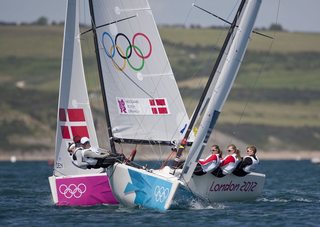 Anna Tunnicliffe, Debbie Capozzi and Molly O&rsquo;Bryan Vandemoer (USA) in the Women&rsquo;s Match Racing (Elliott 6M) event in The London 2012 Olympic Sailing Competition. photo copyright onEdition http://www.onEdition.com taken at  and featuring the  class