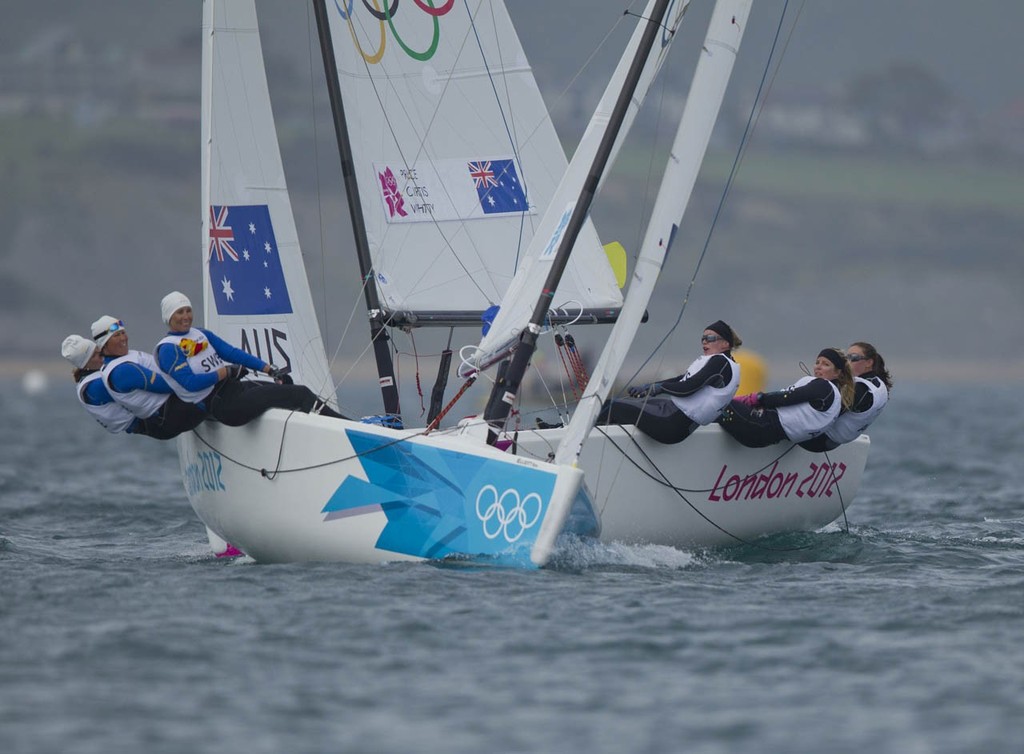 Olivia Price, Nina Curtis and Lucinda Whitty (AUS) competing in the London Olympics 2012. photo copyright onEdition http://www.onEdition.com taken at  and featuring the  class