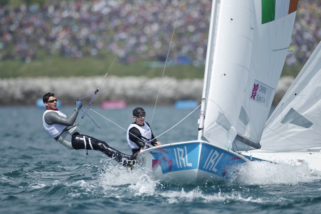Gerald Owens and Scott Flanigan (IRL) competing in the Men’s Two Person Dinghy (470) event in The London 2012 Olympic Sailing Competition. &copy; onEdition http://www.onEdition.com