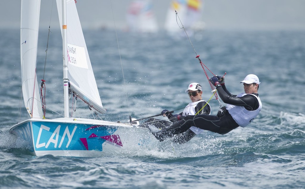 20120802 Copyright onEdition 2012©
Free for editorial use image, please credit: onEdition

Luke Ramsay and Mike Leigh (CAN) competing today, 02.08.12, in the Men's Two Person Dinghy (470) event in The London 2012 Olympic Sailing Competition.

The London 2012 Olympic Sailing Competition runs from 29 July to 12 August and brings together 380 of the world's best sailors to race on Weymouth Bay.
Sailing made its Olympic debut in 1900 and has appeared at every Olympic Games since 1908.
In 2012 athlet photo copyright onEdition http://www.onEdition.com taken at  and featuring the  class