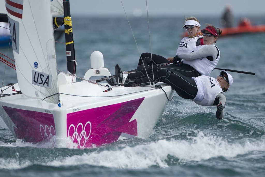 Americans Anna Tunnicliffe, Debbie Capozzi and Molly O&rsquo;Bryan Vandemoer competing in the Women&rsquo;s Match Racing event at the London Olympics 2012 photo copyright onEdition http://www.onEdition.com taken at  and featuring the  class