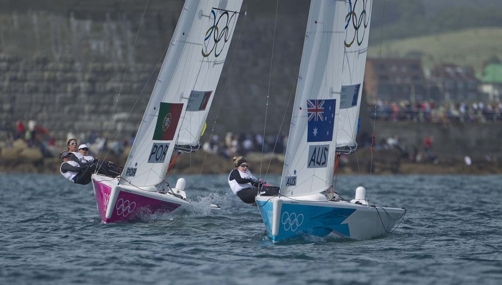 Olivia Price, Nina Curtis and Lucinda Whitty (AUS) competing in the Women’s Match Racing (Elliott 6M) event in The London 2012 Olympic Sailing Competition. © onEdition http://www.onEdition.com
