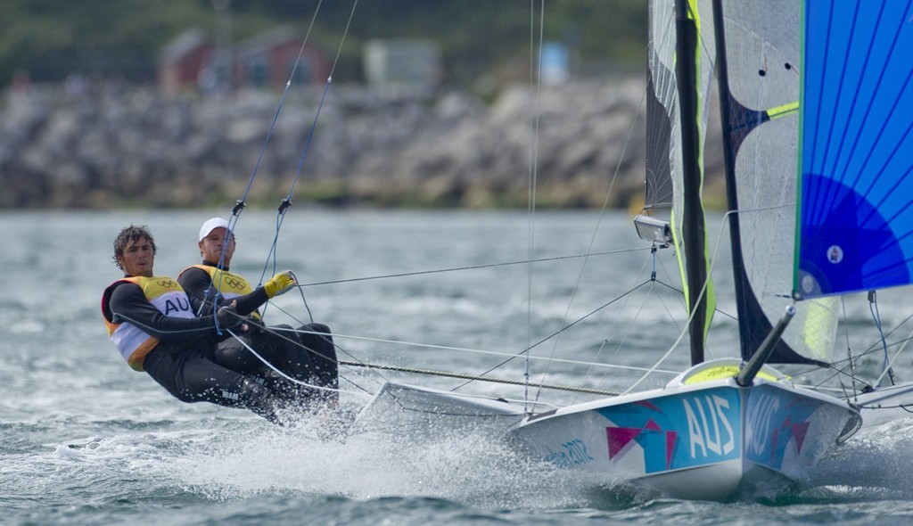 20120806 Copyright onEdition 2012© 
Free for editorial use image, please credit: onEdition 
 
Nathan Outerridge and Iain Jensen (AUS) competing today, 06.08.12, in the Men's Skiff (49er) event in The London 2012 Olympic Sailing Competition. 
 
The London 2012 Olympic Sailing Competition runs from 29 July to 12 August and brings together 380 of the world's best sailors to race on Weymouth Bay. 
Sailing made its Olympic debut in 1900 and has appeared at every Olympic Games since 1908. 
In 2012 athletes f photo copyright onEdition http://www.onEdition.com taken at  and featuring the  class