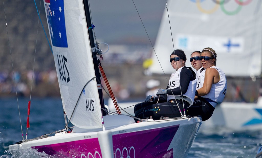 Olivia Price, Nina Curtis and Lucinda Whitty (AUS) competing today, 10.08.12, in the Women’s Match Racing (Elliott 6M) event in The London 2012 Olympic Sailing Competition. © onEdition http://www.onEdition.com