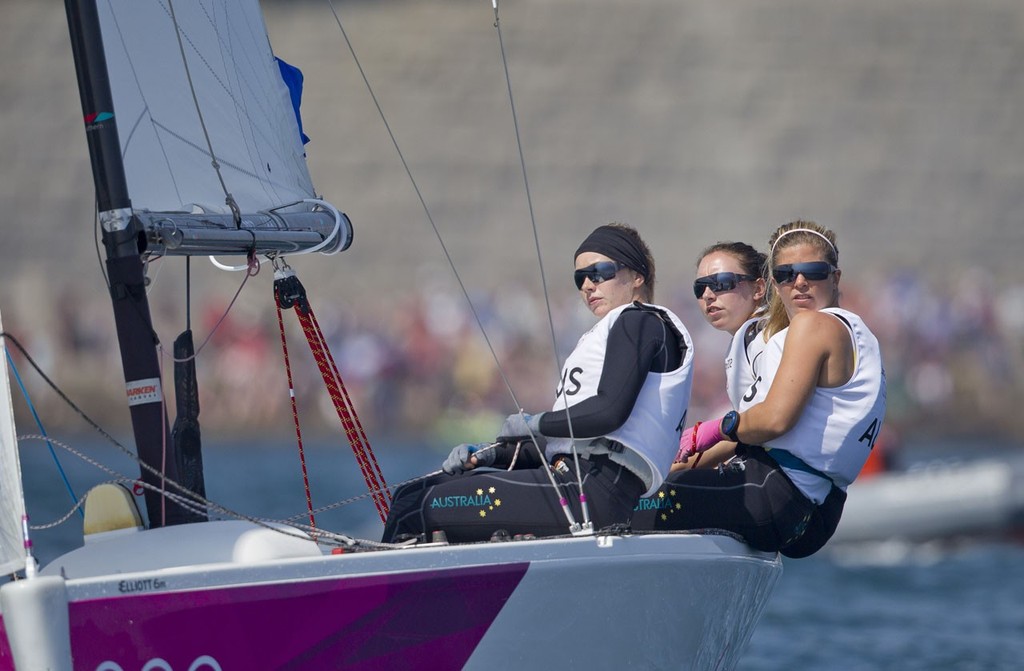 Copyright onEdition 2012© - Olivia Price, Nina Curtis and Lucinda Whitty (AUS) competing in the Women's Match Racing (Elliott 6M) event in the London 2012 Olympic Games. © onEdition http://www.onEdition.com