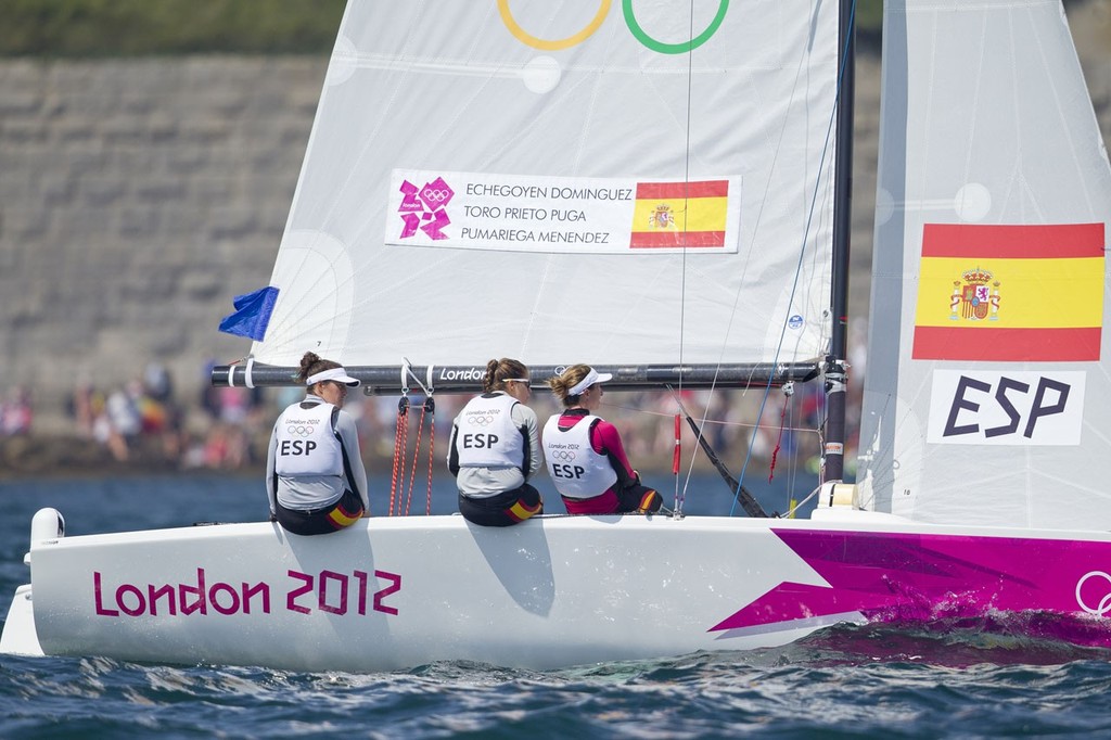 Tamara Echegoyen Dominguez, Sofia Toro Prieto Puga and Angela Pumariega Menendez (ESP) competing today, 10.08.12, in the Women’s Match Racing (Elliott 6M) event in The London 2012 Olympic Sailing Competition. © onEdition http://www.onEdition.com