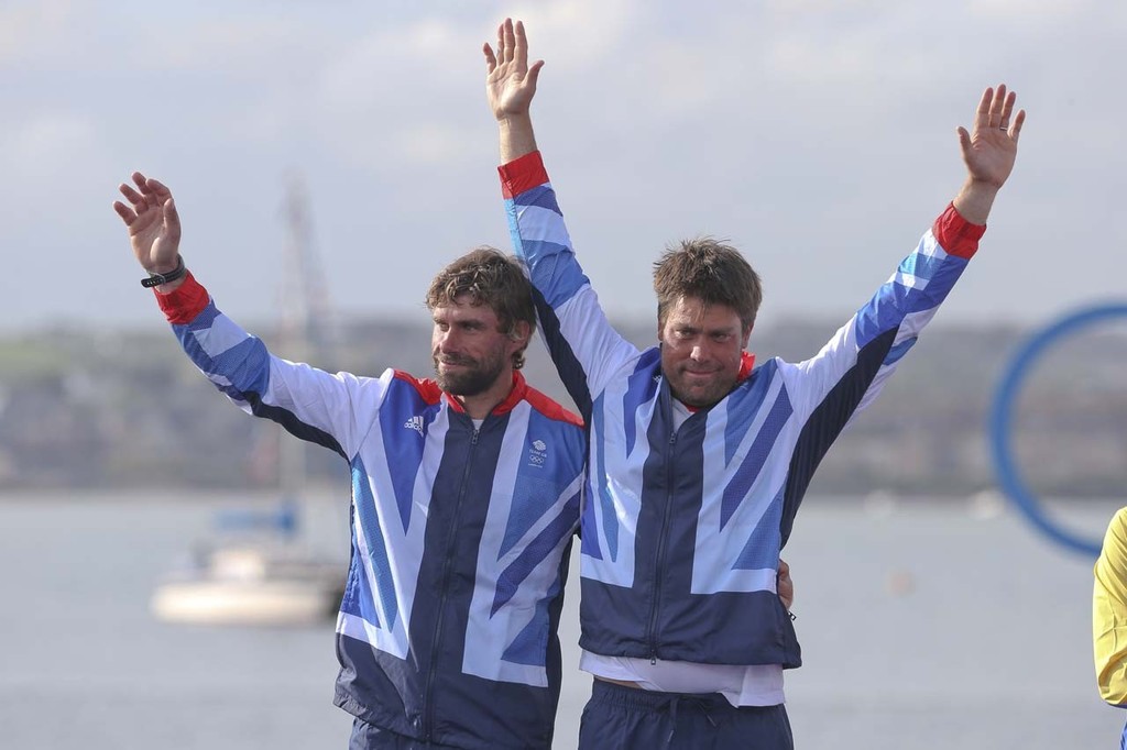 Iain Percy and Andrew Simpson (GBR), who won the Silver Medal in the Medal Race Men’s Keelboat (Star) event in The London 2012 Olympic Sailing Competition. <br />
  © onEdition http://www.onEdition.com