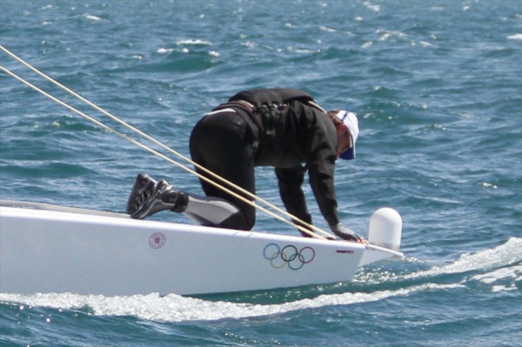 Close up of the mainsheet wrap on the French Star during Practice for the 2012 Olympics © Richard Gladwell www.photosport.co.nz