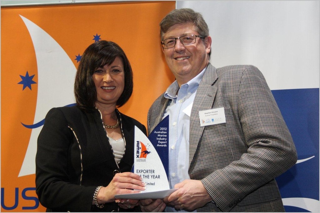 The Hon Justine Elliot MP presenting Exporter of the Year award to Stephen Vincent, VEEM ltd Asia Pacific Distributor and MD Austral Propellers photo copyright AIMEX  taken at  and featuring the  class