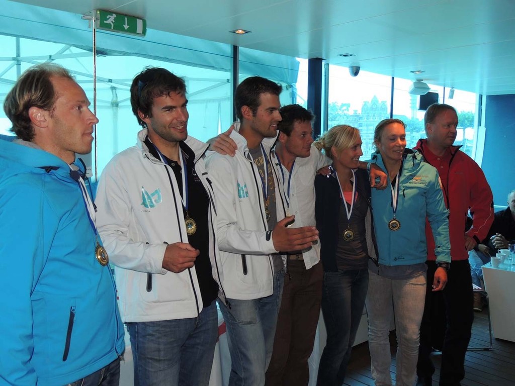 The winning team,  Batavia Sailing Center: Jurjen Feitsma (helm), Annemieke Bos, Wouter van der Enden, Jelle Roos (helm), Claire Blom (Fri) / Marit Bouwmeester (Sat) / Kim, Platteeuw (Sun), Gideon Mastenbroek (Fri) / Rutger Krijger
 - 2012 Eurosaf Team Racing, Two Keelboat (2K) European Championship photo copyright John Friend taken at  and featuring the  class