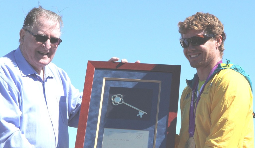 Tom Slingsby receives the keys to the city from Gosford Mayor Lauirie Maher photo copyright Sail-World.com /AUS http://www.sail-world.com taken at  and featuring the  class