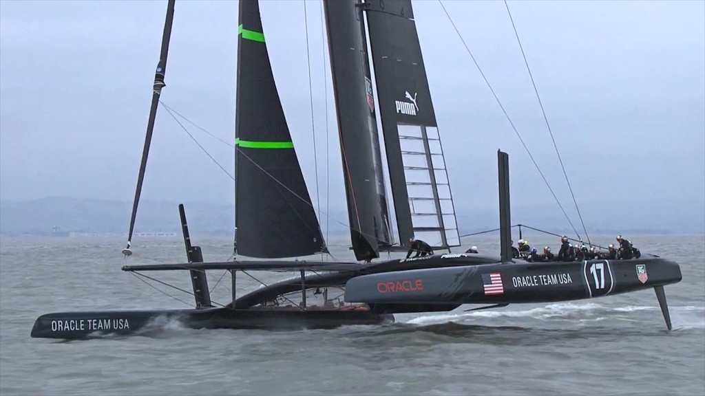 USA-17 at speed with L foil on port hull retracted and visible, AC72 - First Sail - August 31, 2012 San Francisco © SW