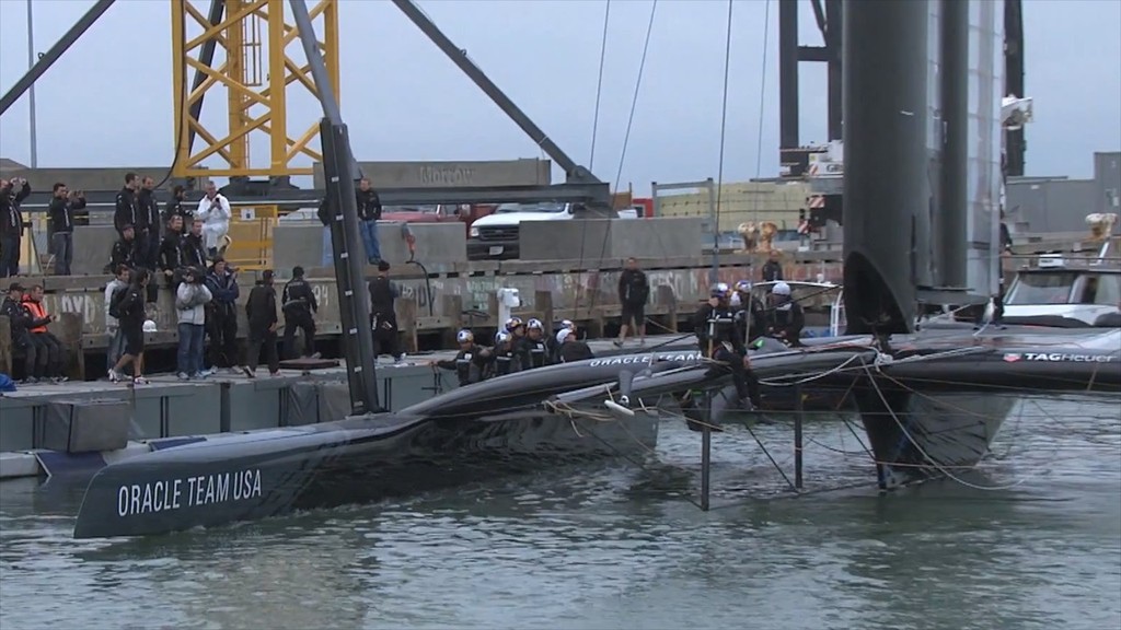 The centre pod on USA-17 touches the water under full crew and wingsail - USA-17, AC72 - First Sail - August 31, 2012 San Francisco © SW