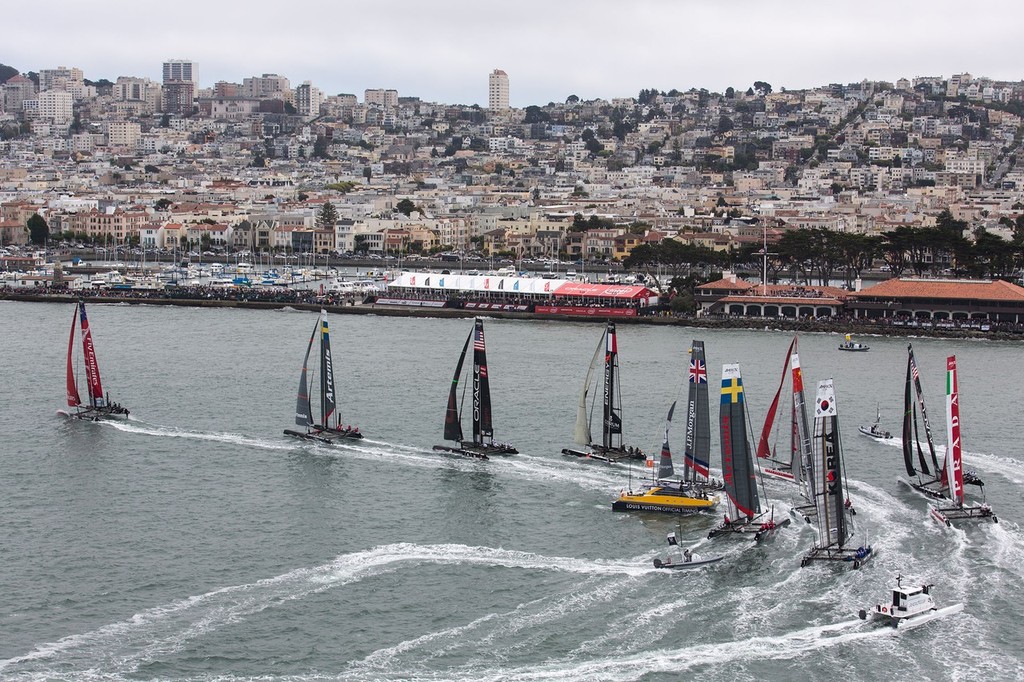 Fleet. 34th America’s Cup, America’s Cup World Series  San Francisco 2012 August, Race Day 4  © ACEA - Photo Gilles Martin-Raget http://photo.americascup.com/