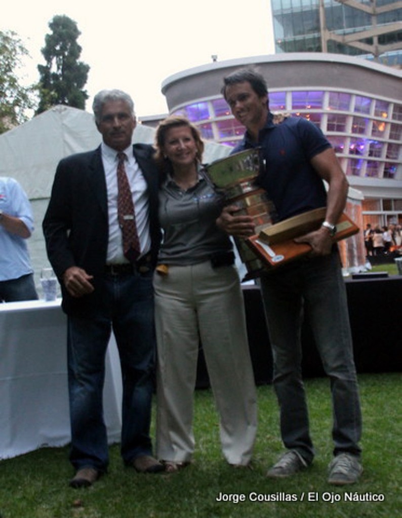 Bruno Bethlem with the WH&O trophy.  Hugo Longarella (Regatta Chairman) and Yacht Club Olivos Commodore Maria Elsa Uzal - 2012 Snipe Western Hemisphere & Orient Championship photo copyright Jorge Cousillas www.elojonautico.com taken at  and featuring the  class