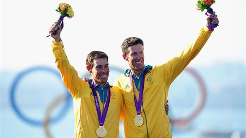 Mat Belcher & Malcolm Page at the medal ceremony during the London 2012 Olympic Games © Jordan Reece