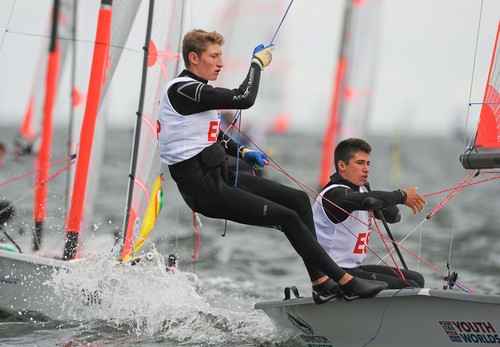 Florian Trittel, crew, and Carlos Robles, helm, Spain, in action during the Open Skiff - 29er Class at the Four Star Pizza ISAF Youth Sailing World Championship. Dun Laoghaire, Dublin.  &copy; ISAF Youth Worlds http://www.isafyouthworlds.com