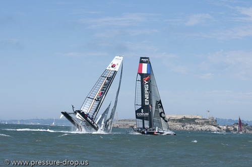Team Korea digs in during practice before the America’s cup World Series in San Francisco © Erik Simonson www.pressure-drop.us http://www.pressure-drop.us