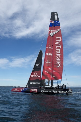 Emirates Team New Zealand sailing the AC72 on the Hauraki Gulf on the second day of sailing. 3/8/2012 © Chris Cameron/ETNZ http://www.chriscameron.co.nz